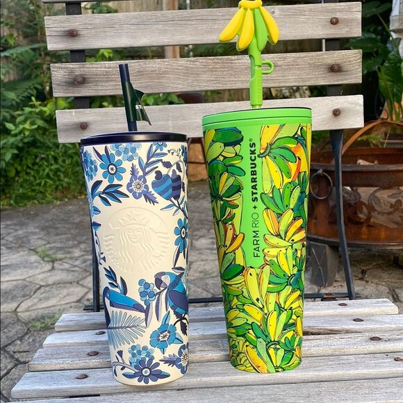 FARM Rio x Starbucks Green Banana Leaf & Blue Floral Tumblers Bundle - Picture 1 of 4